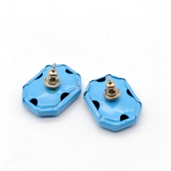Sky Blue Enamel Vintage Earrings, Beveled Rectangle Studs - Picture 4 of 4